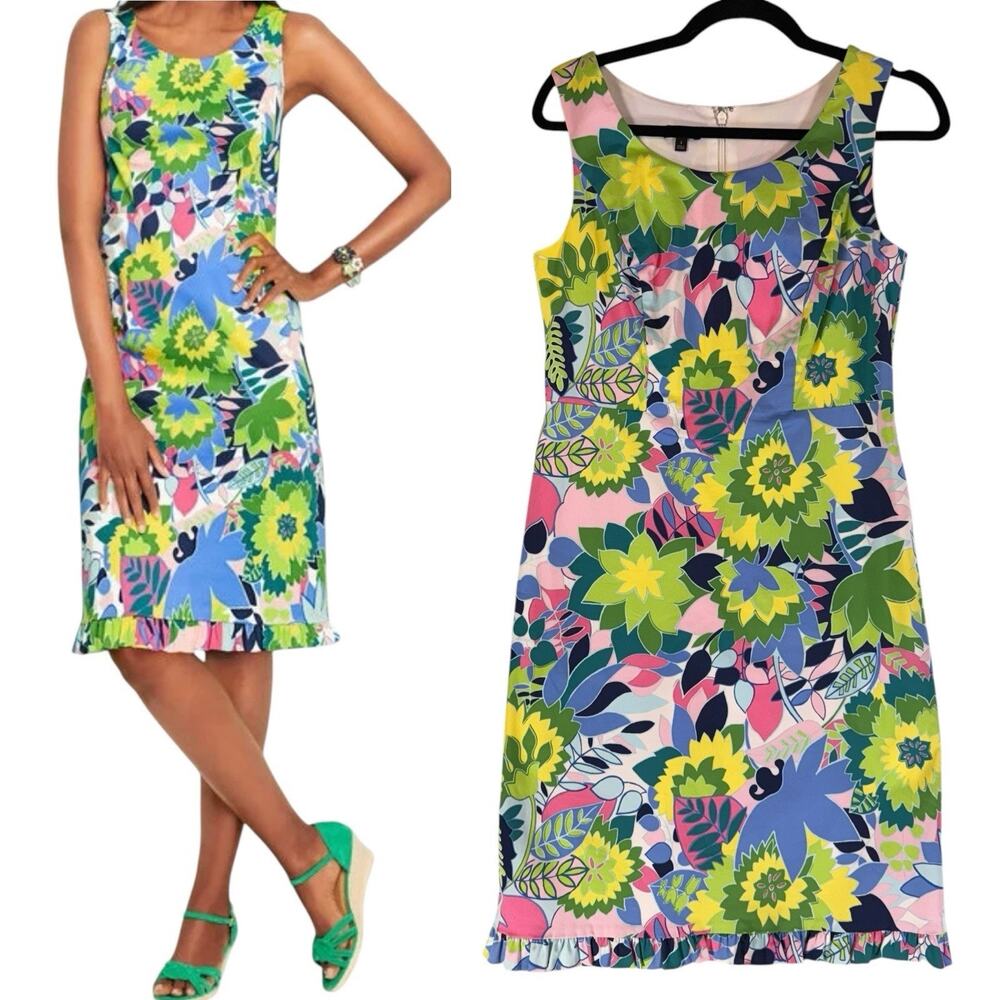 Talbots Sheath Dress Womens Size 2 Floral Island Jungle Colorful Ruffle Hem Knee